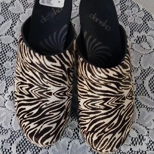 Dansko Black and Cream Zebra Print Mules